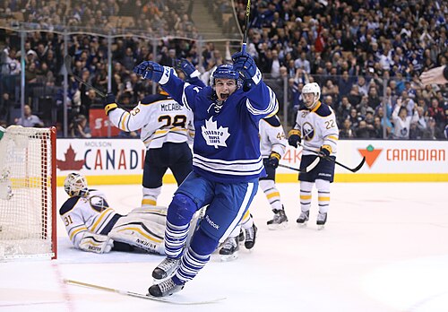 Player celebrating a goal against the boards